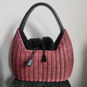 Sea Breeze by SABINA Mauve Pink Wicker Bucket Bag with Black Trim Drawstring